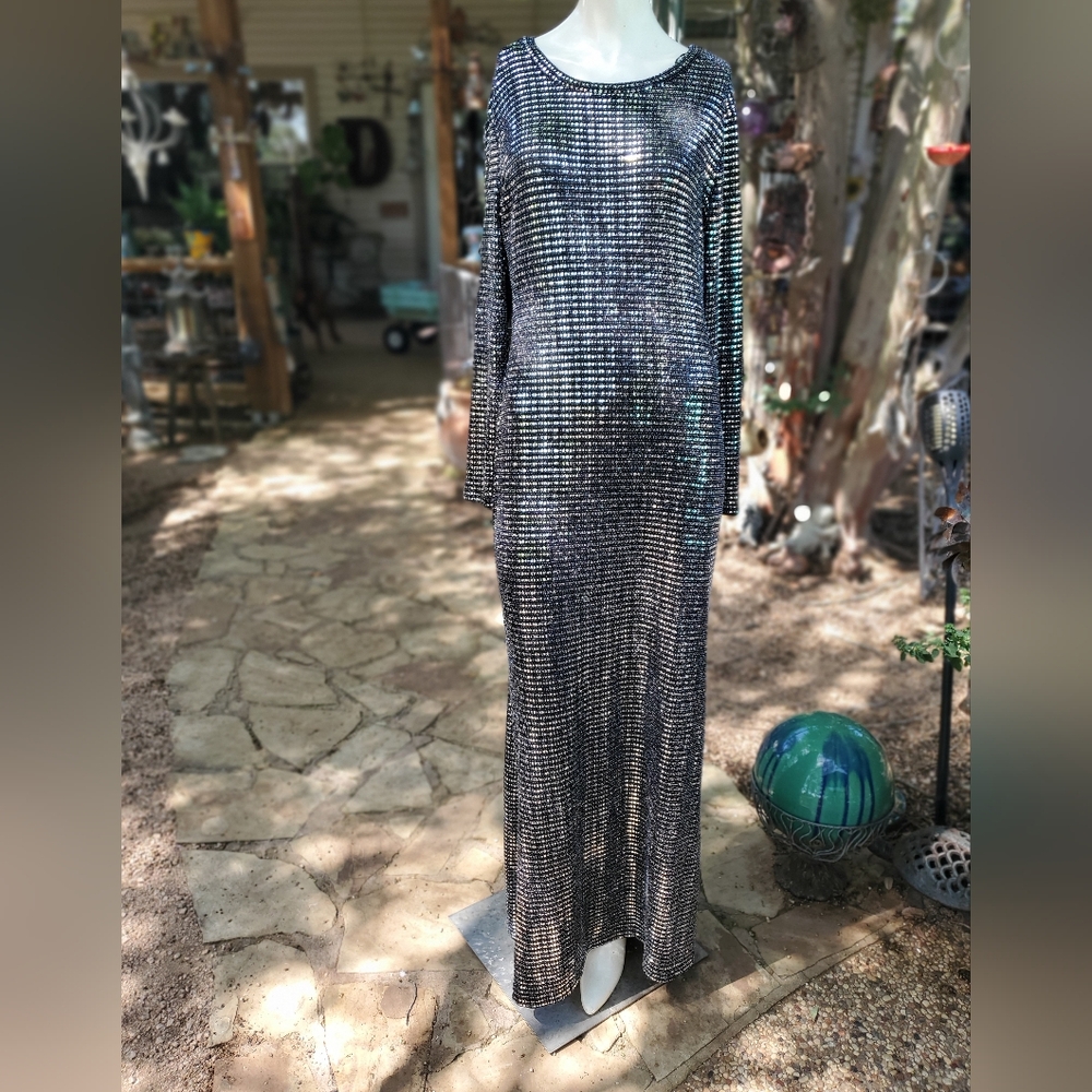 Morgan & Co Metallic Black Mirrored Sequin Long Sleeve Maxi Dress Large